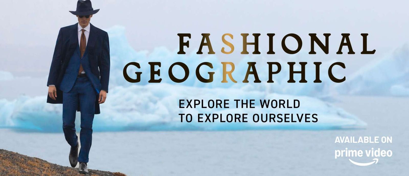 Fashional Geographic key art: a man in a blue suit on an iceberg