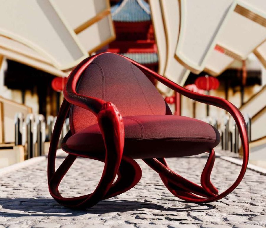 Poltrona rossa Giorgetti in un ambiente generato con AI per il Capodanno cinese