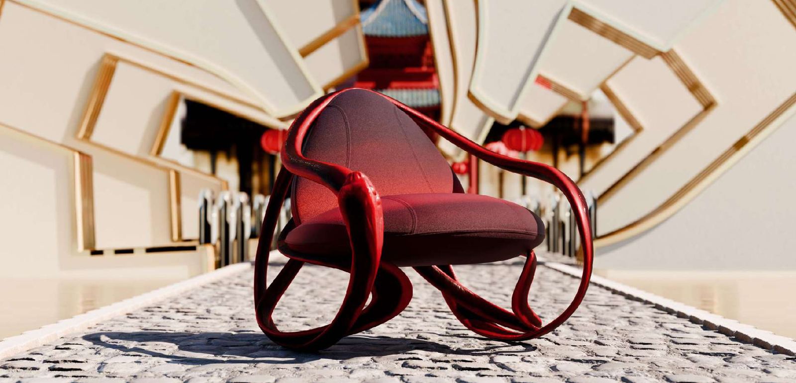 Poltrona rossa Giorgetti in un ambiente generato con AI per il Capodanno cinese