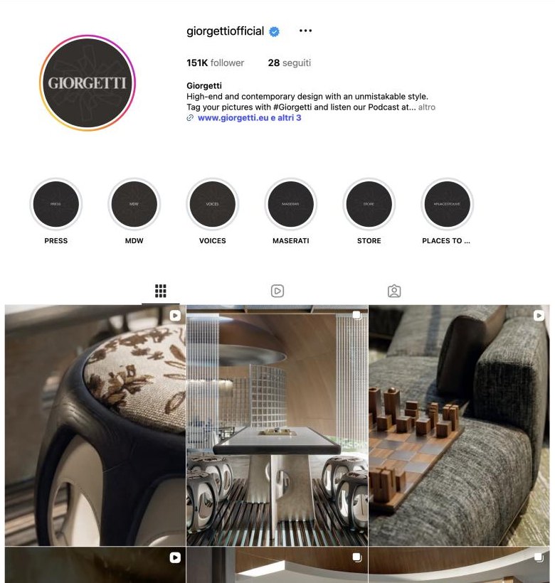 Pagina Instagram di Giorgetti, @giorgettiofficial, 151K follower