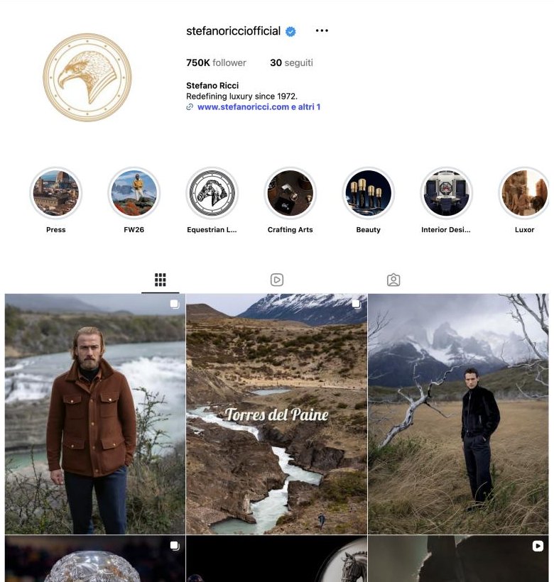 Pagina Instagram di Stefano Ricci, @stefanoricciofficial, 750K follower