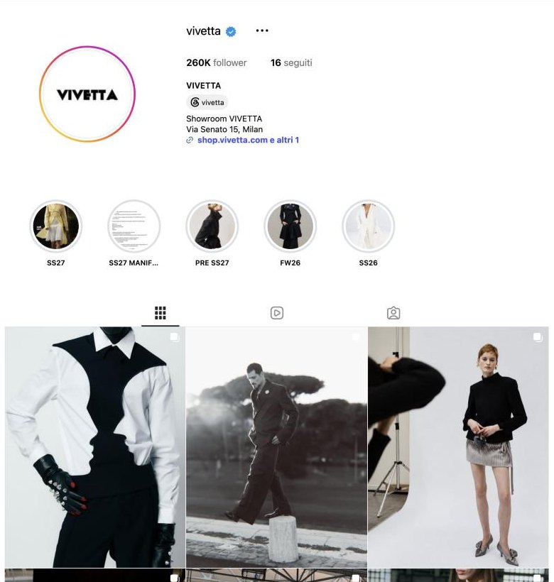 Pagina Instagram di Vivetta, @vivetta, 260K follower