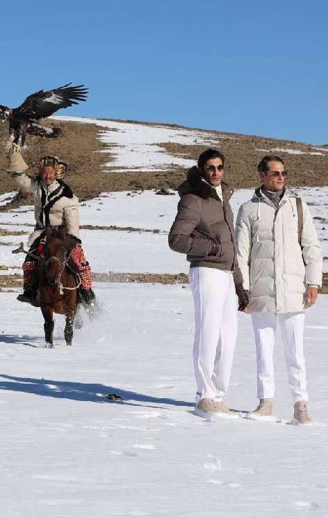 Two Stefano Ricci models with an eagle hunter in Mongolia