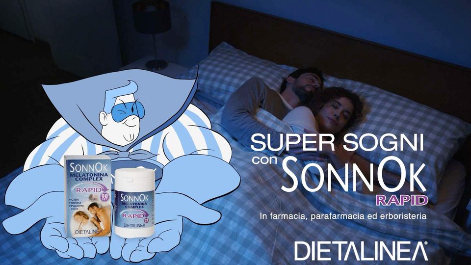 Spot Dietalinea SonnOk con la mascotte e una coppia che dorme
